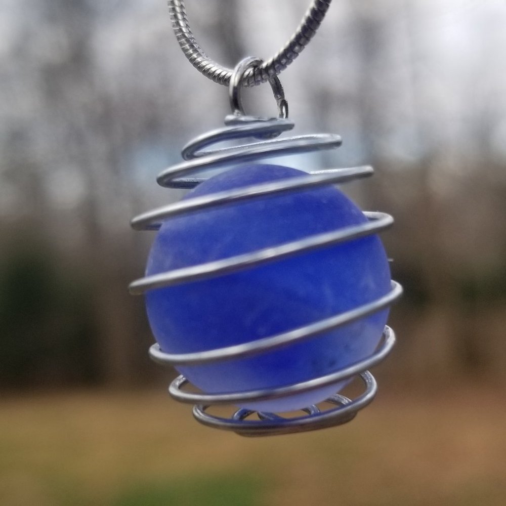 Sea Glass Blue Marble Caged Pendant Necklace ~Handmade OOAK ~ 20" Snake Chain
